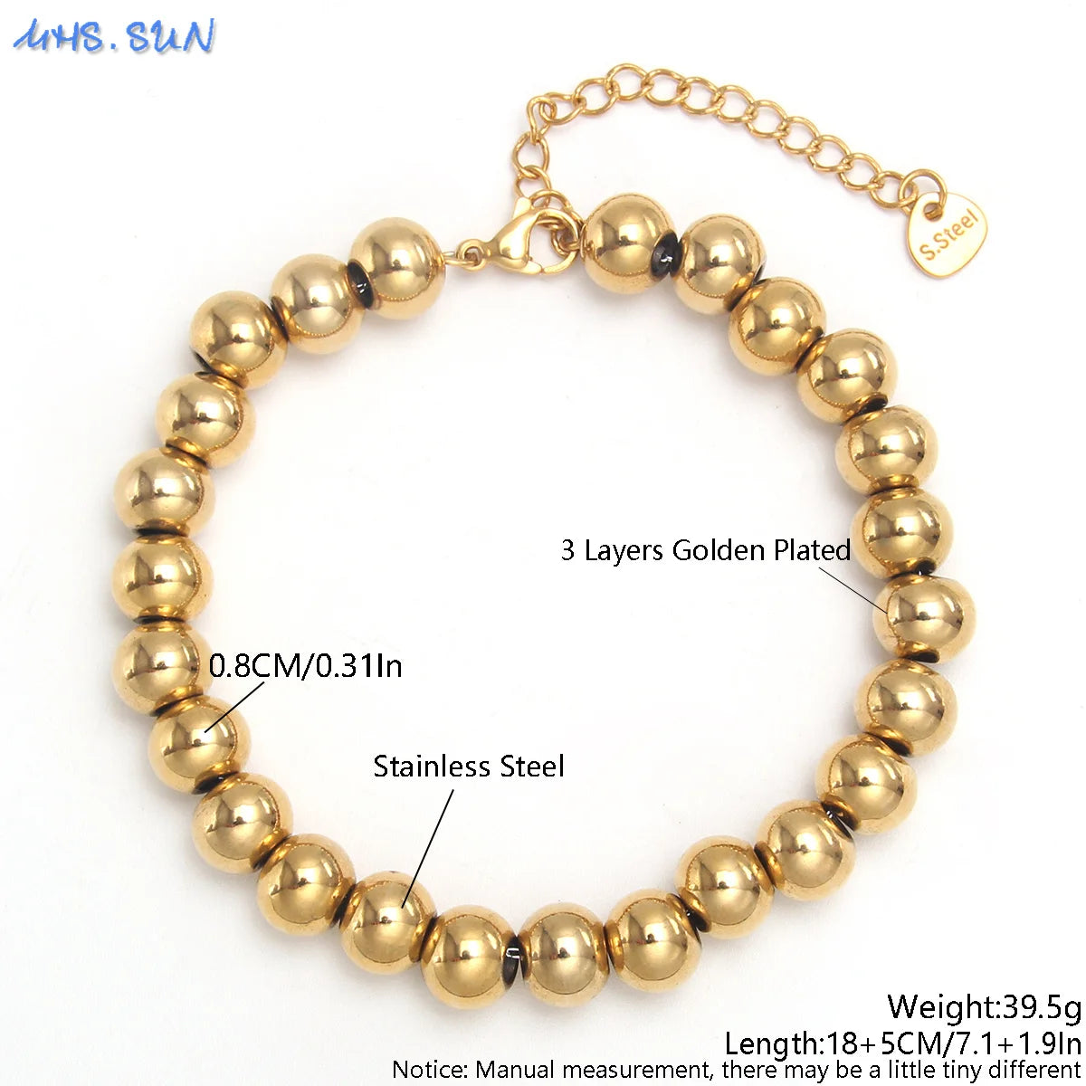MHS.SUN Waterproof Smooth Beads Bracelet Adjustable Gold Silver Color Stainless Steel Round Balls Bracelets Unisex Party Jewelry