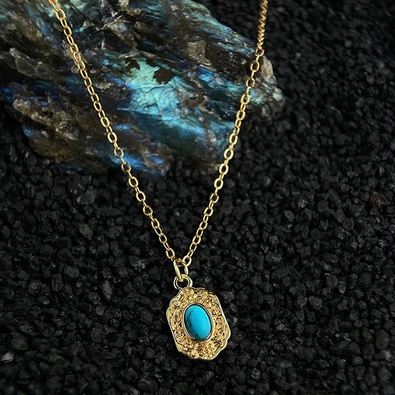 Retro commute women's neck chain geometric shape Necklace Electroplating 18k Jewelry on the neck turquoise stone Women's jewelr