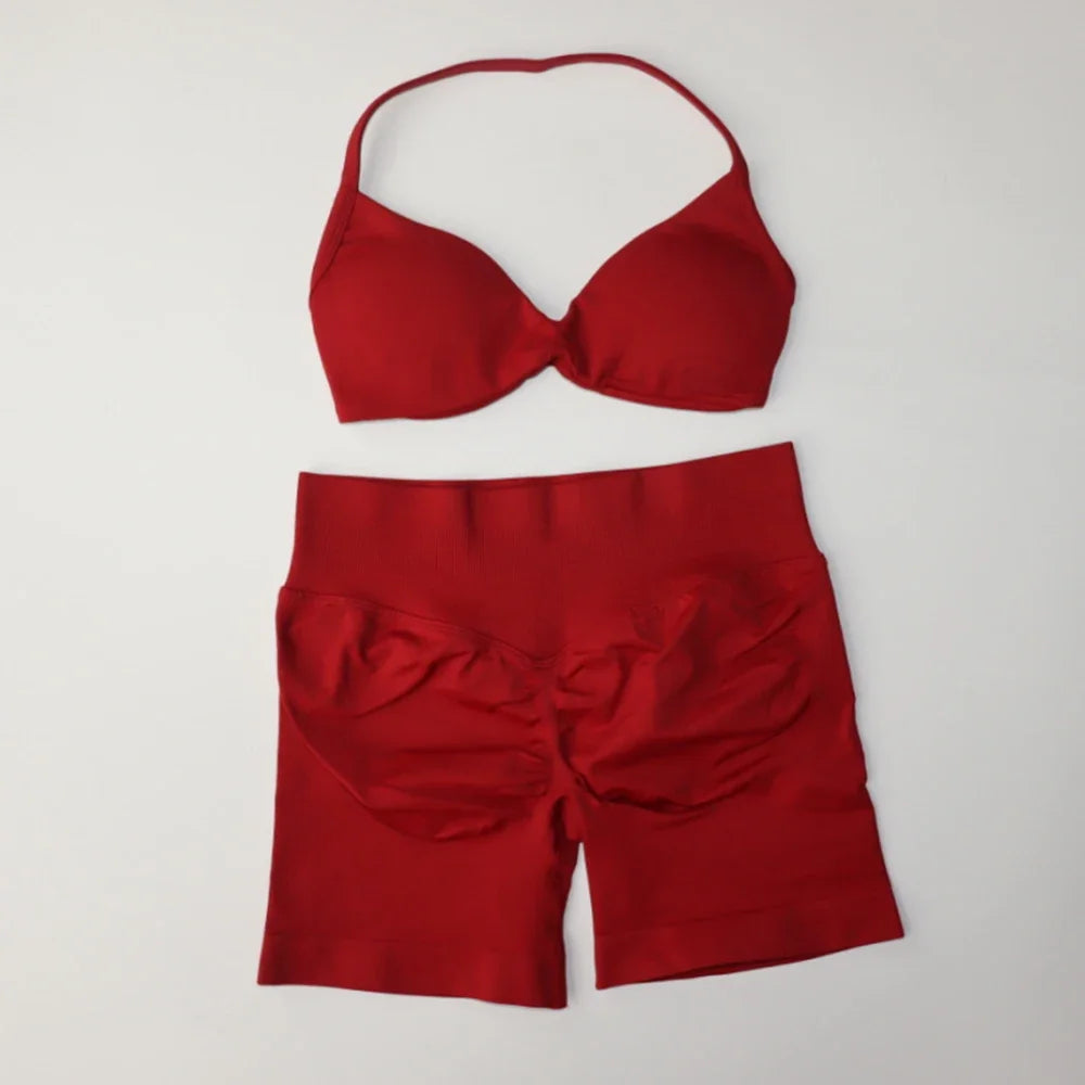 Seamless Sportswear Workout Set Women Two Piece Strappy Yoga Bra Top Scrunch Shorts Gym Clothes