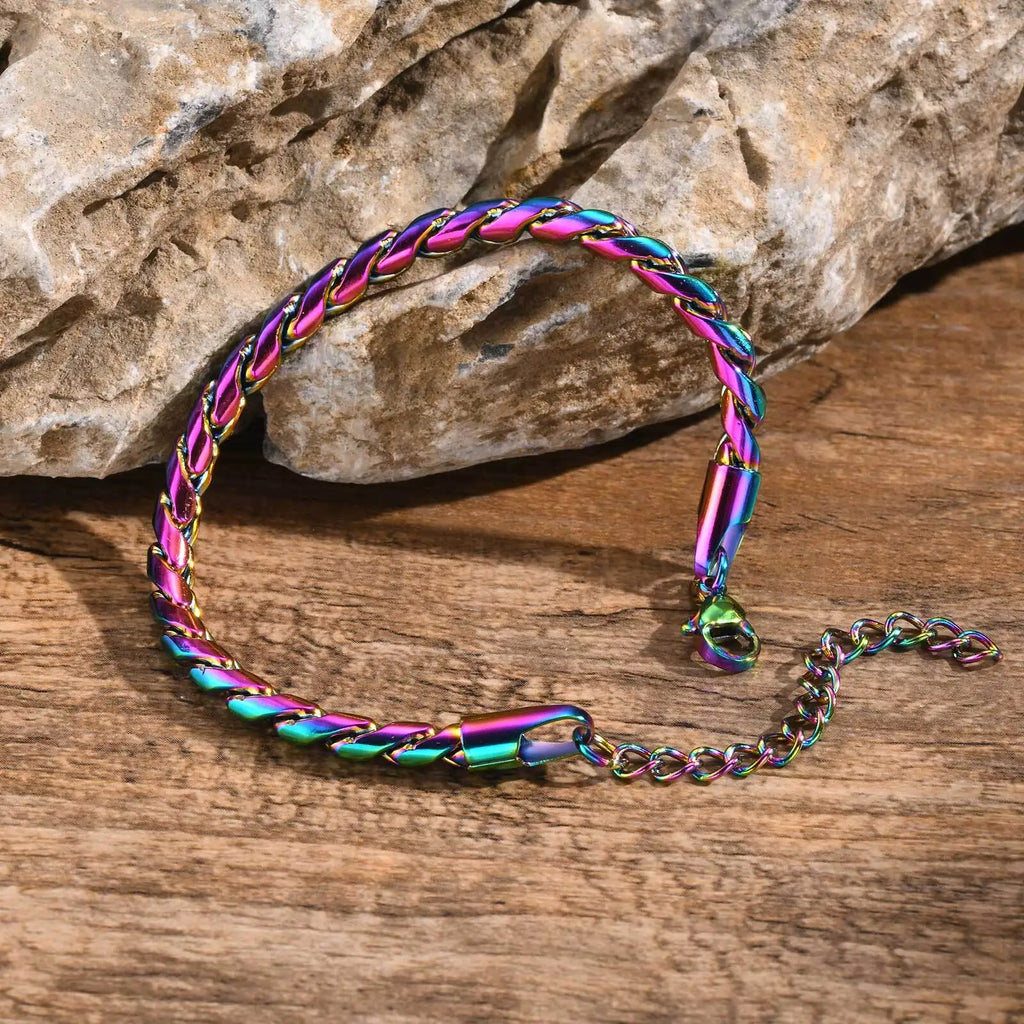Vnox Colored Stainless Steel Handmade Snake Chain Bracelets for Men Boys,Adjustable Simple Metal Link Wristband, Hippie Jewelry