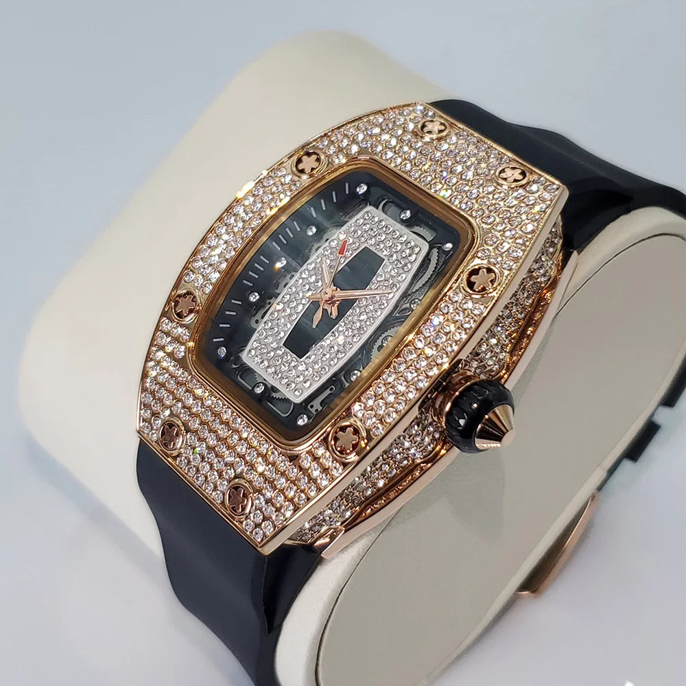 Luxury Diamond Watch For Women Elegant Tonneau Original Design Watches Fashion Ice Out Sport Rubber Strap Waterproof Mille Clock