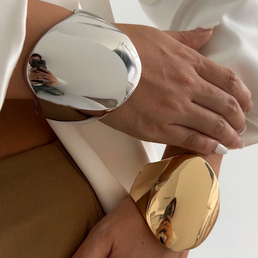 Ingemark 4 Styles Exaggerated Punk Smooth Big Chunky Open Cuff Bangles for Women Gold Color Spring Bracelets Men Hand Jewelry