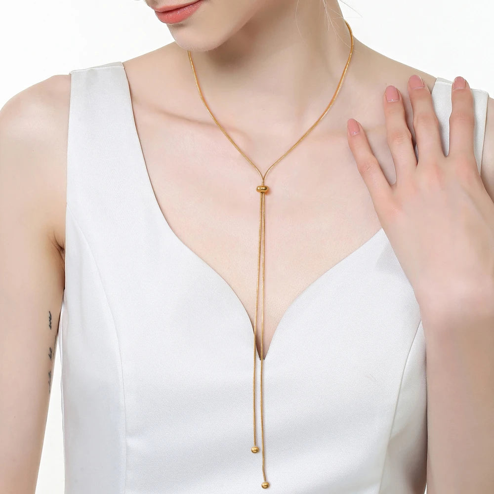 Teamer Long Snake Chain Round Bead Necklace Stainless Steel Gold Color For Girls Women Minimalist Trendy Simple Jewelry Gift