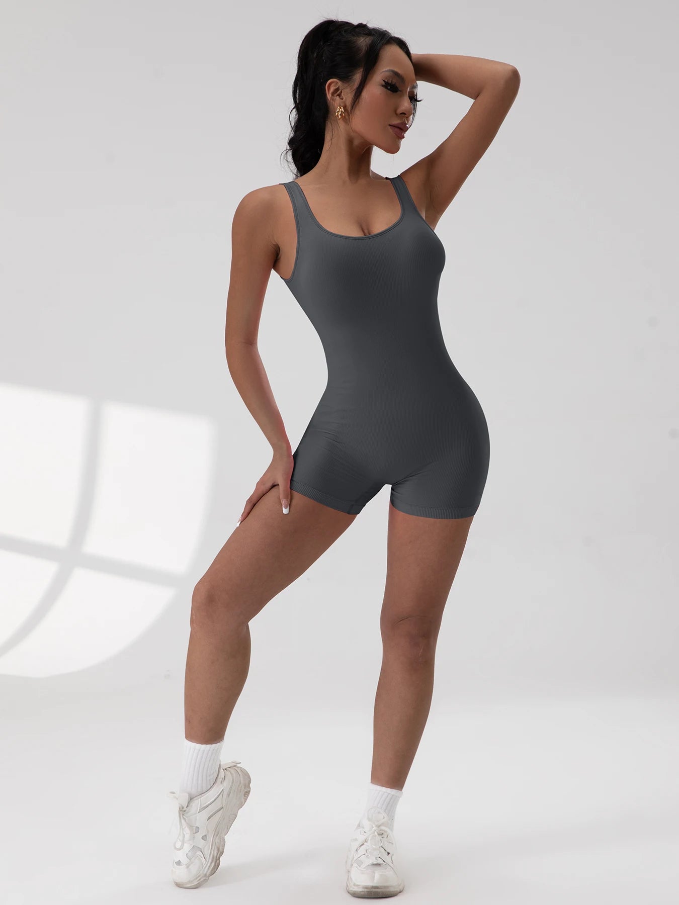 Tummy Control Backless Yoga Suit U Neck Sleeveless Sports Seamless Jumpsuit Threaded Stretch Women Bodysuit Without Bust Pads