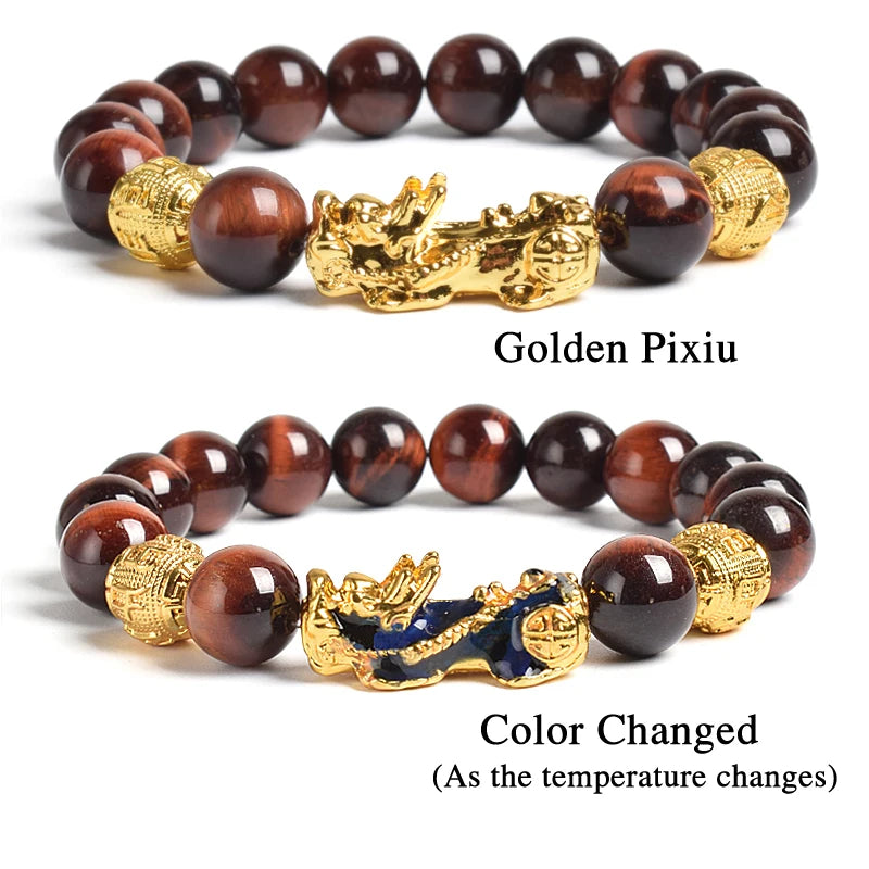 Pi Xiu Tiger Eye Stone Beads Bracelet Feng Shui Yellow Power Stone Women Men Elastic Jewelry Gold Color Pixiu Good Luck Bracelet