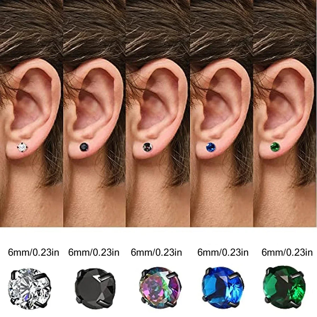 Glamorous Stainless Steel & Zircon Stud Earrings for Men – Hypoallergenic 5-Pairs Set, Durable & Versatile