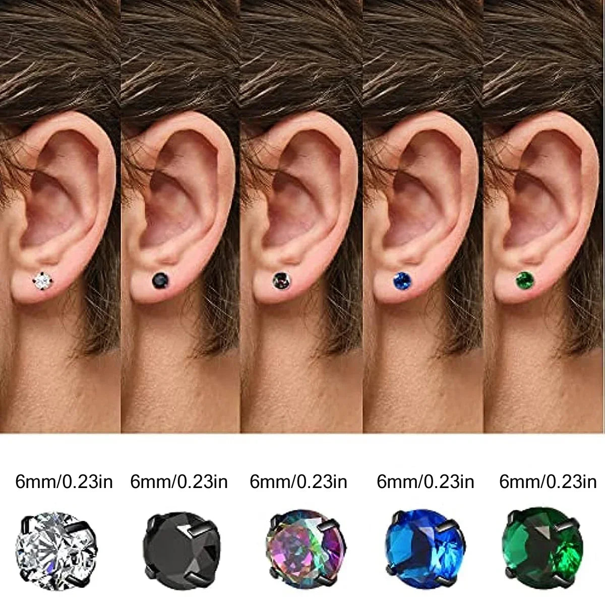 Glamorous Stainless Steel & Zircon Stud Earrings for Men – Hypoallergenic 5-Pairs Set, Durable & Versatile