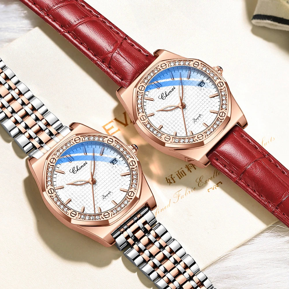 CHENXI Quartz Movement Woman Watch Simple Elegant Luxury Rose Gold Steel and Leather Strap Waterproof Ladies Dress Wristwatch