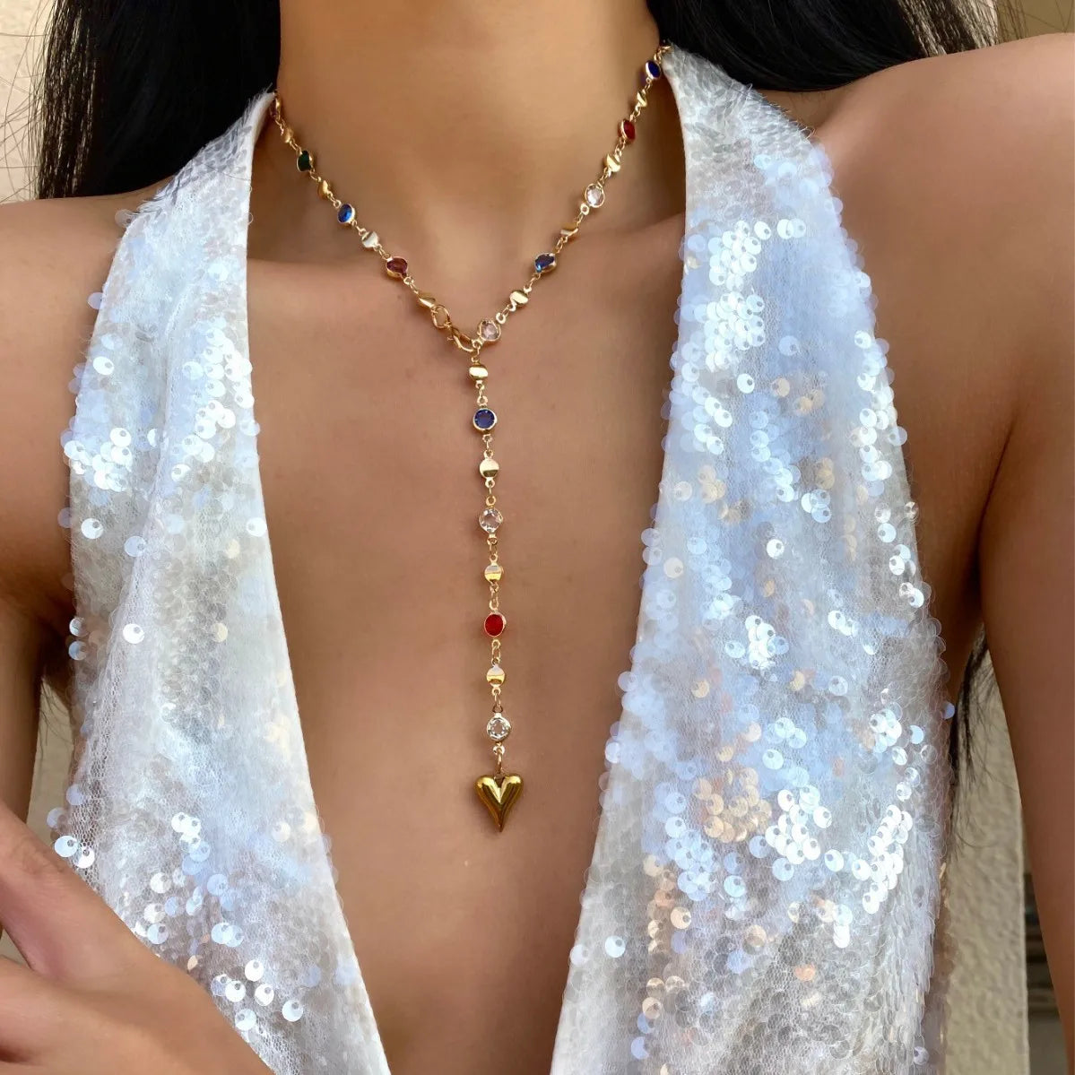 New Luxury Colourful Heart Long Tassel Necklace for Women Shiny Rhinestone Crystal Zircon Choker Bohemian Statement Jewelry