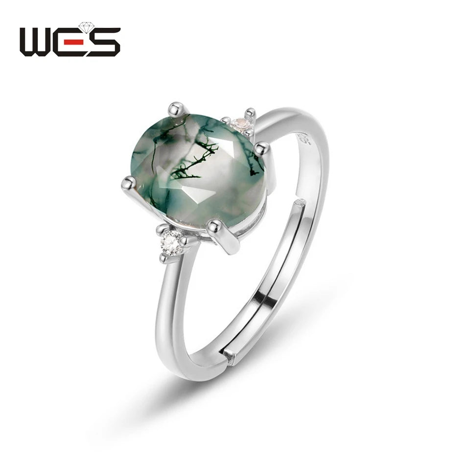 WES 925 Sterling Silver Open Ring for Woman Classic Unique Green Moss Agate Crystal Ring Engagement Gift Wholesale Oval Cut