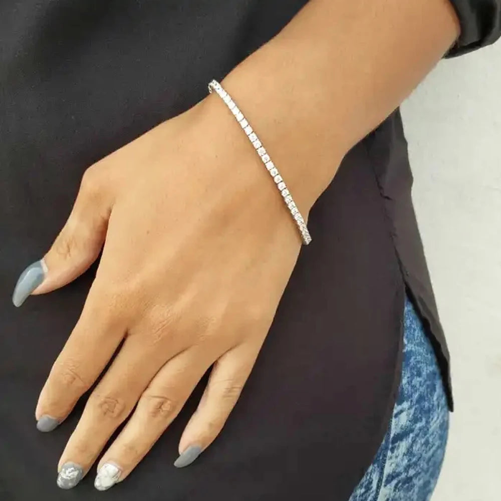 QooLady High Quality 925 Sterling Silver Round Shiny CZ Tennis Chain Bracelet for Women Wedding Engagement Jewelry Gifts SB006