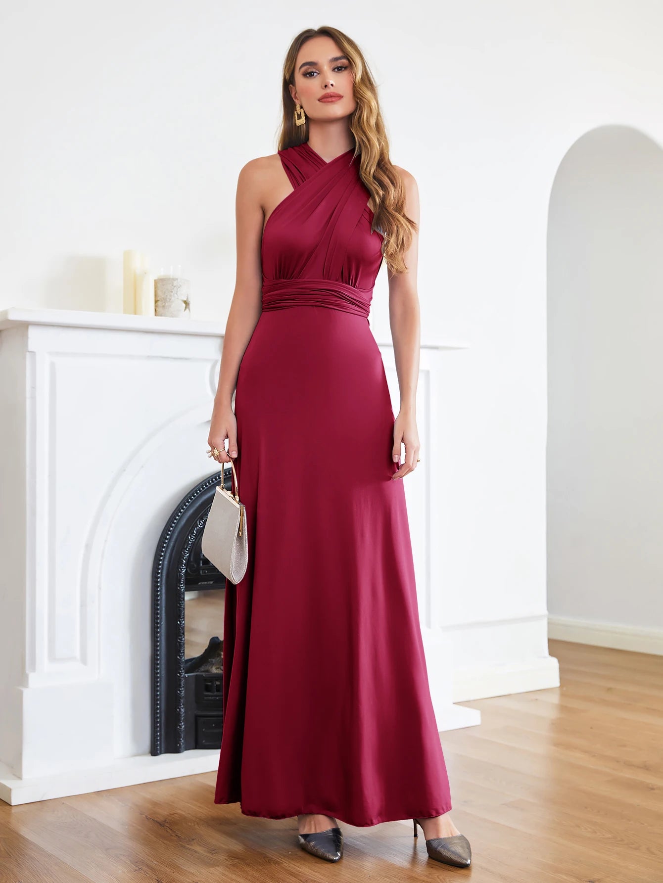 BABYONLINE Sexy Bridesmaid Dress Infinity Style Convertible Halter V neckline Gown Sleeveless Multiway Wrap Changable Guest Gown