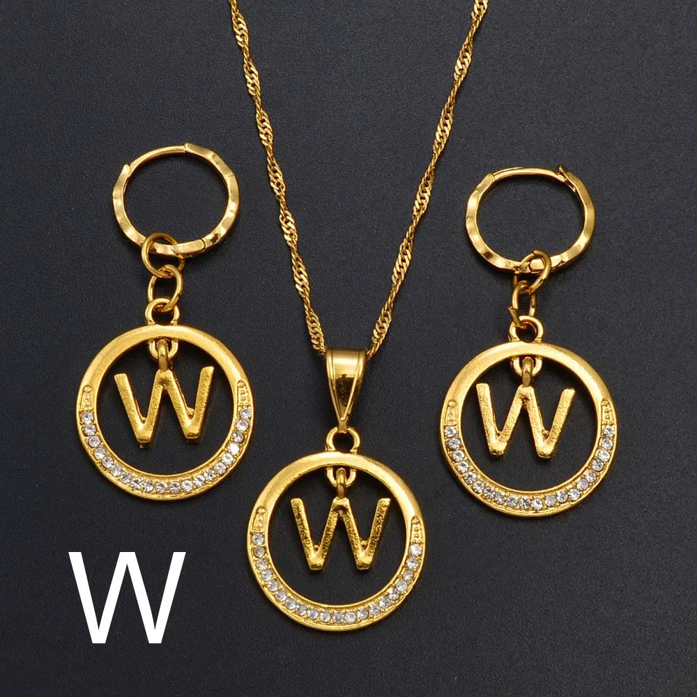 Anniyo A-Z Alphabet set Pendant Necklace and Earring set,Guam, Hawaii,African Initial Jewelry English Letters  #260306