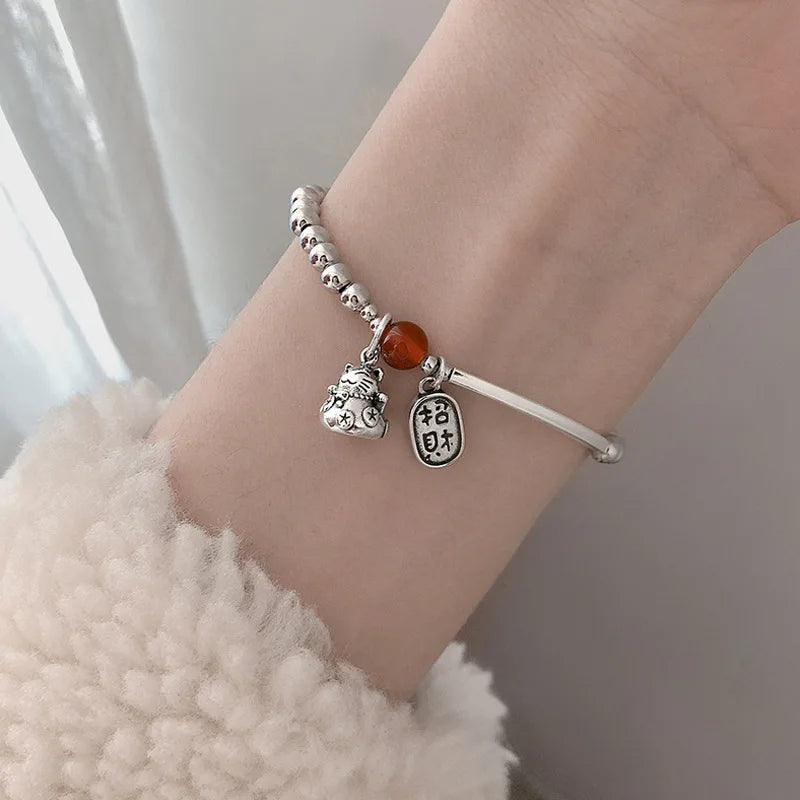 New 925 Silver Geometric Bead Punk Peace of Mind Words Irregular String Bracelet For Woman Girl Fashion Jewelry Gift Dropship