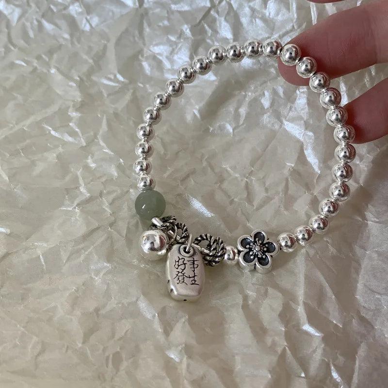 New 925 Silver Geometric Bead Punk Peace of Mind Words Irregular String Bracelet For Woman Girl Fashion Jewelry Gift Dropship