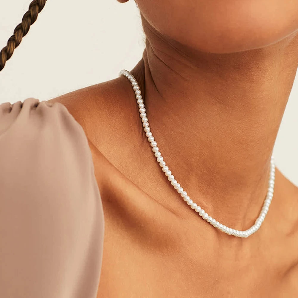 eManco New Imitation Pearl Necklaces Round Multi Size White Pearl Stainless Steel Necklace Women's Collarbone Chain