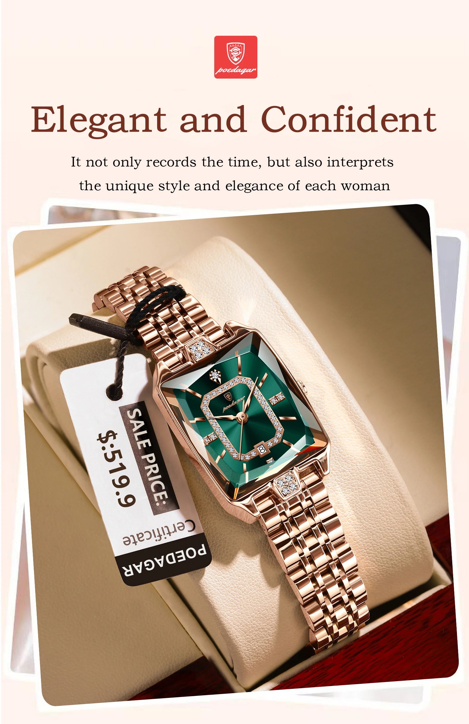POEDAGAR Luxury Rectangle Watch - Waterproof Calendar Stainless Steel
