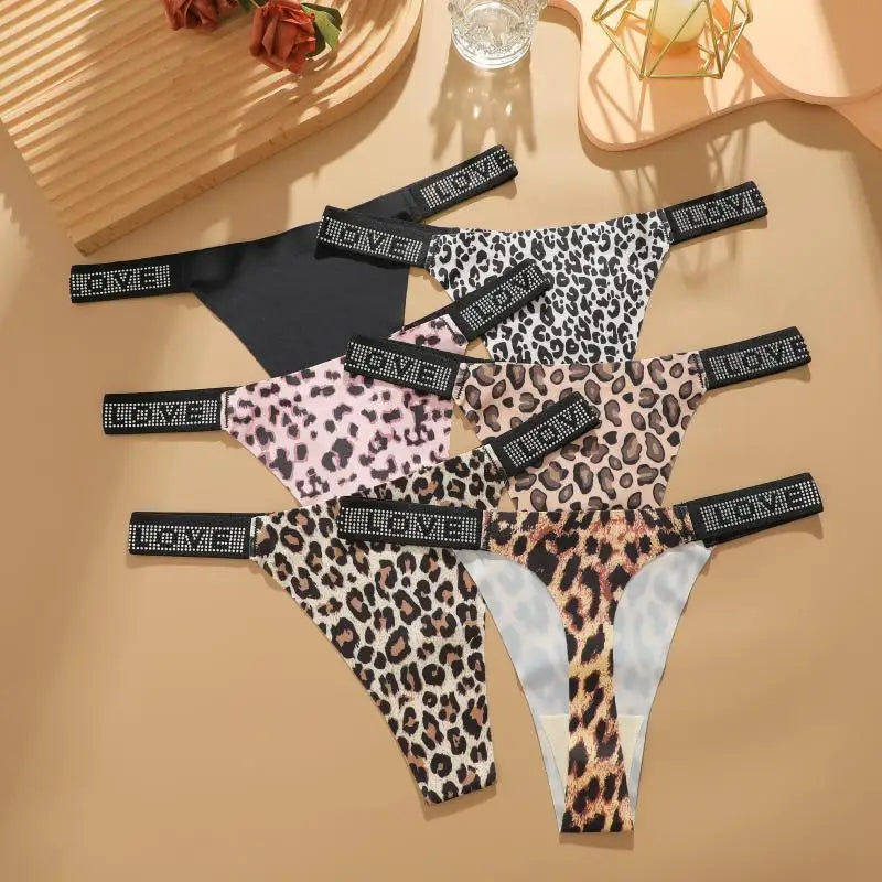 7Pcs/Set Printed Leopard Crystal Letter Thongs For Women Fashion Low Waist Soft Breathable Underpants Female Traceless G-string