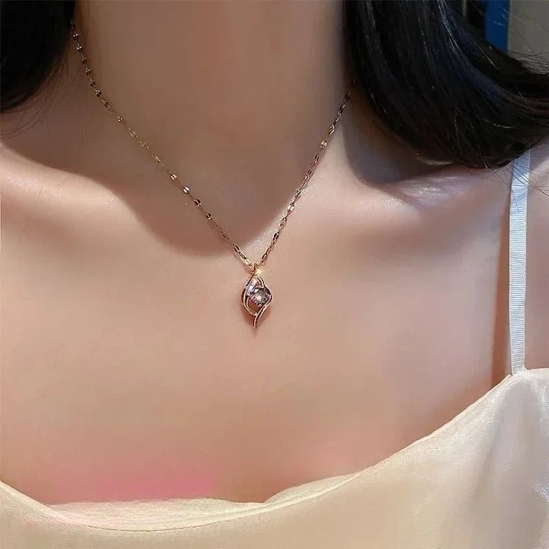 Fashion Colorful Zircon Love Heart Pendant Stainless Steel Necklaces for Women Girls Trendy Romantic Jewelry Accessories Gifts