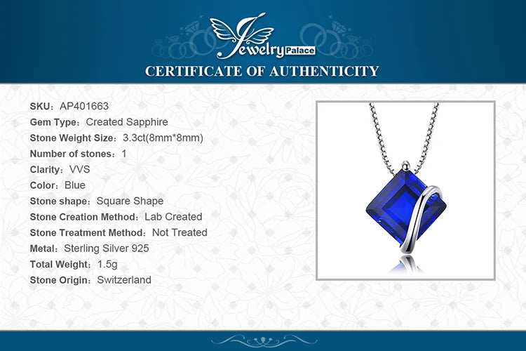 JewelryPalace 3.3ct Square Created Blue Sapphire 925 Sterling Silver Pendant Necklace for Women Gemstone Fine Jewerly No Chain