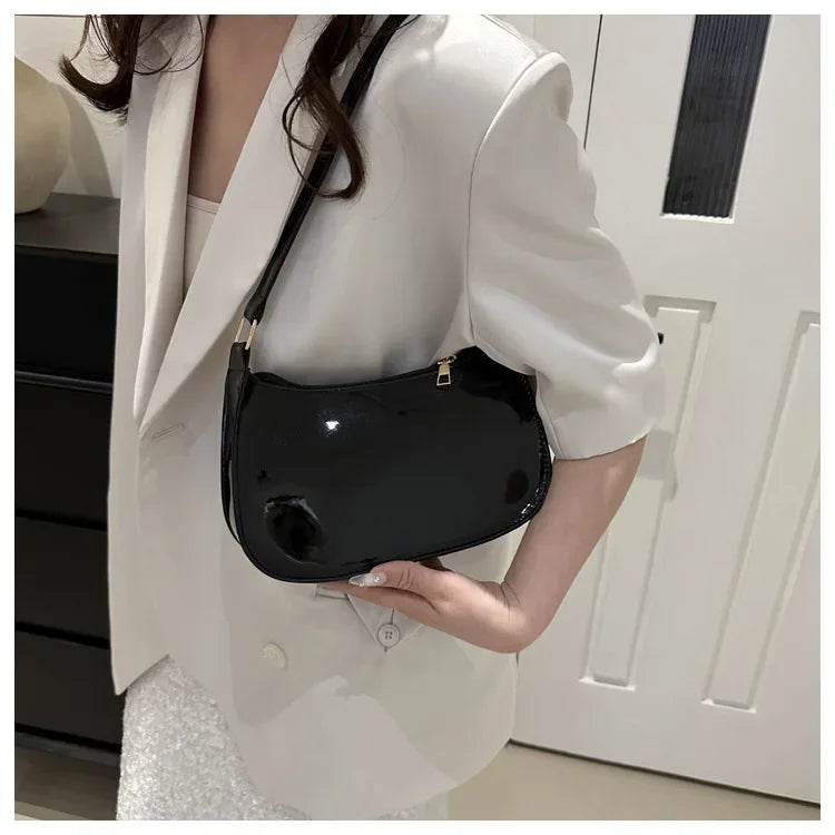 Vintage Wine Red Patent Leather Glossy Underarm Bag 2024 New Minimalist Lady Zipper Shoulder Bag Elegant Versatile Handbag Trend