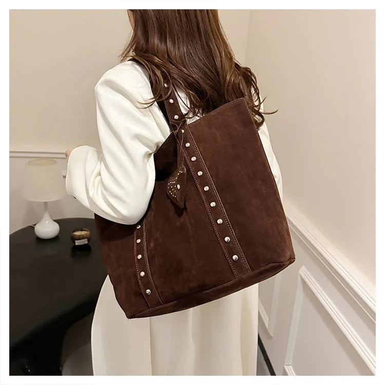 Fashion Suede Sewing Thread Shoulder Bags 2025 New Retro Versatile Commute Simplicity Solid Color Single Women's Handbag