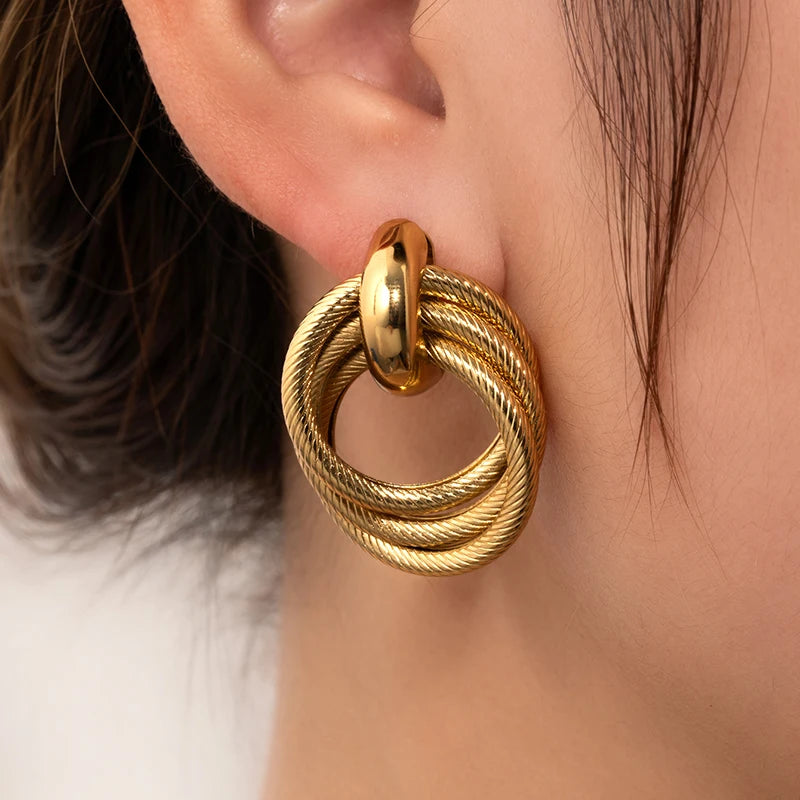 ANENJERY 316L Stainless Steel Circular Splicing Earrings For Women Men Fashion Unique Punk Hip hop Jewelry Gift Wholesale