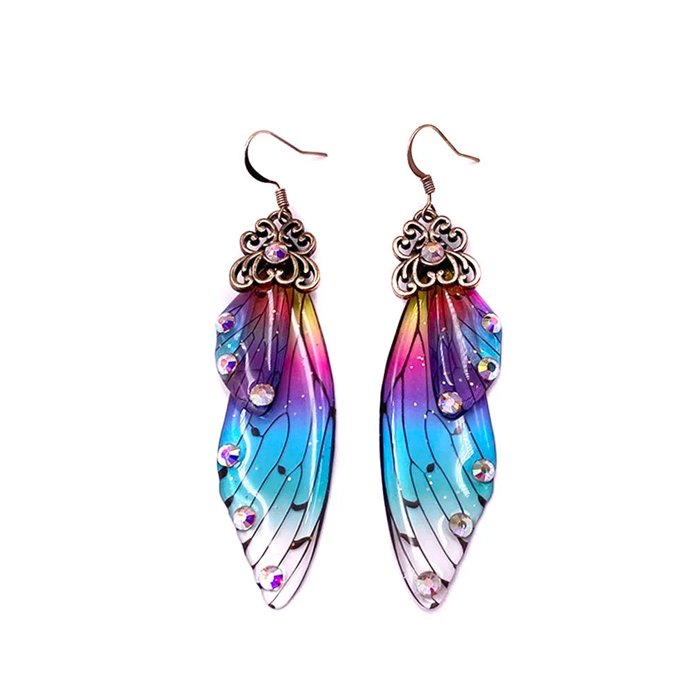 Handmade Fairy Simulation Wing Earrings Insect Butterfly Wing Drop Earrings Foil Rhinestone Earrings Romantic Bridal Jewelry
