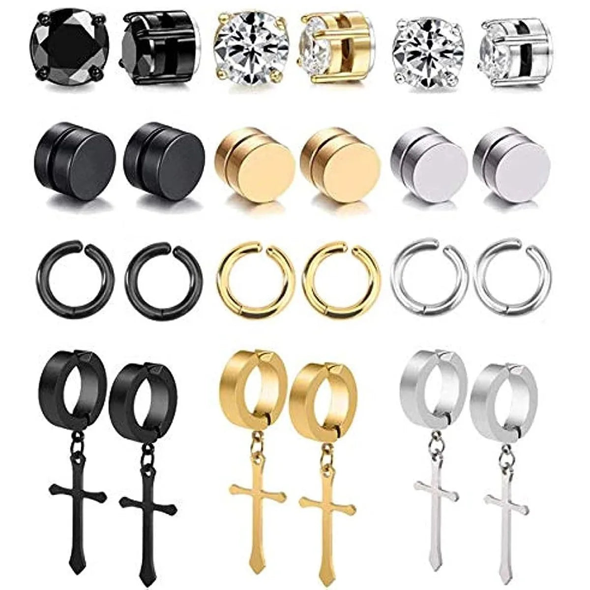 4 Pairs Simple Stainless Steel Magnetic Stud Earrings For Men, Cross Pendant Ear Clips, Cool Non Pierced Earrings