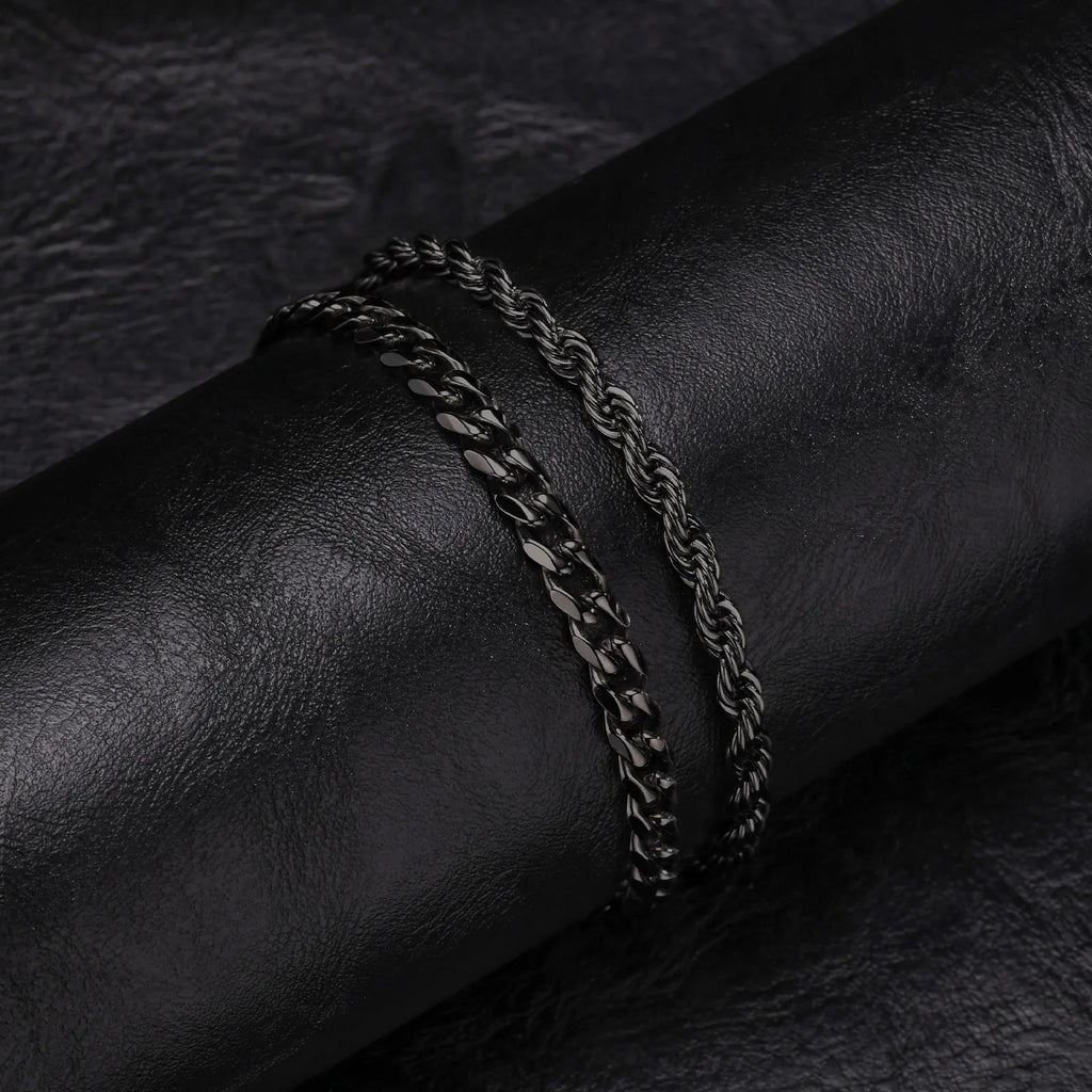 2pcs Men's Chain Bracelets,Silver Gold Black Color Stainless Steel Twisted Rope Chain,Trendy Cuban Chain Wristband Gift