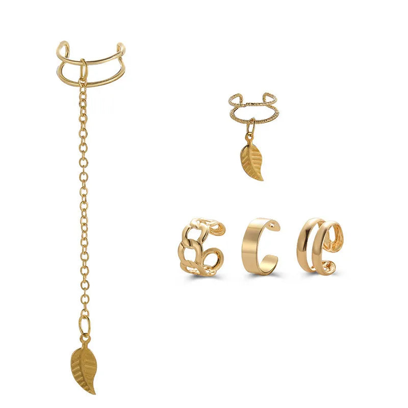 KOTiK 2024 New Gold Silver Color Leaves Clip Earrings for Women Fashion Ear Cuff Non-Piercing Earrings Set Trend Jewelry Gift