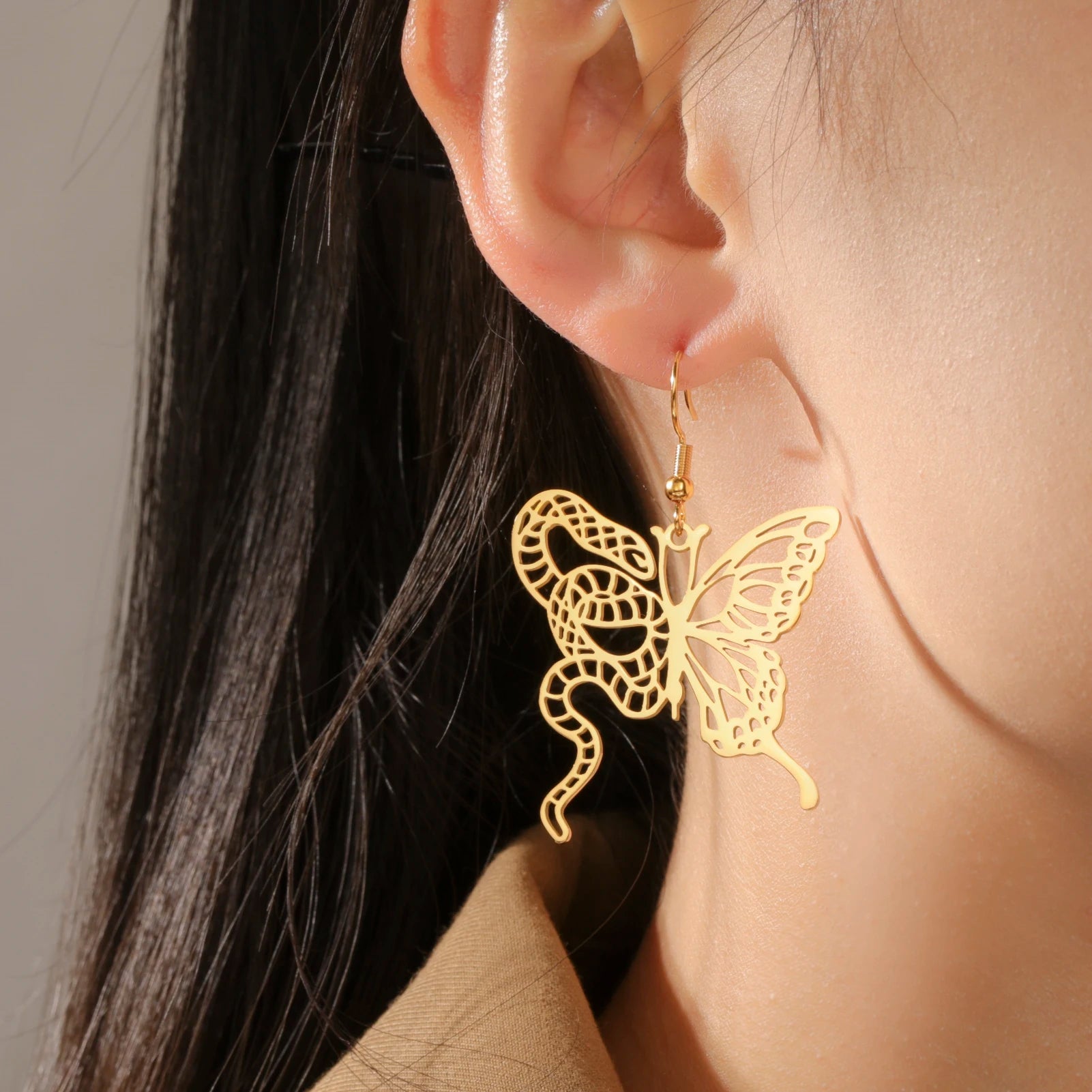 Lucktune Butterfly Snake Drop Earrings Stainless Steel Animals Earrings For Women Fashion Jewelry Woman Accesories Party Gifts