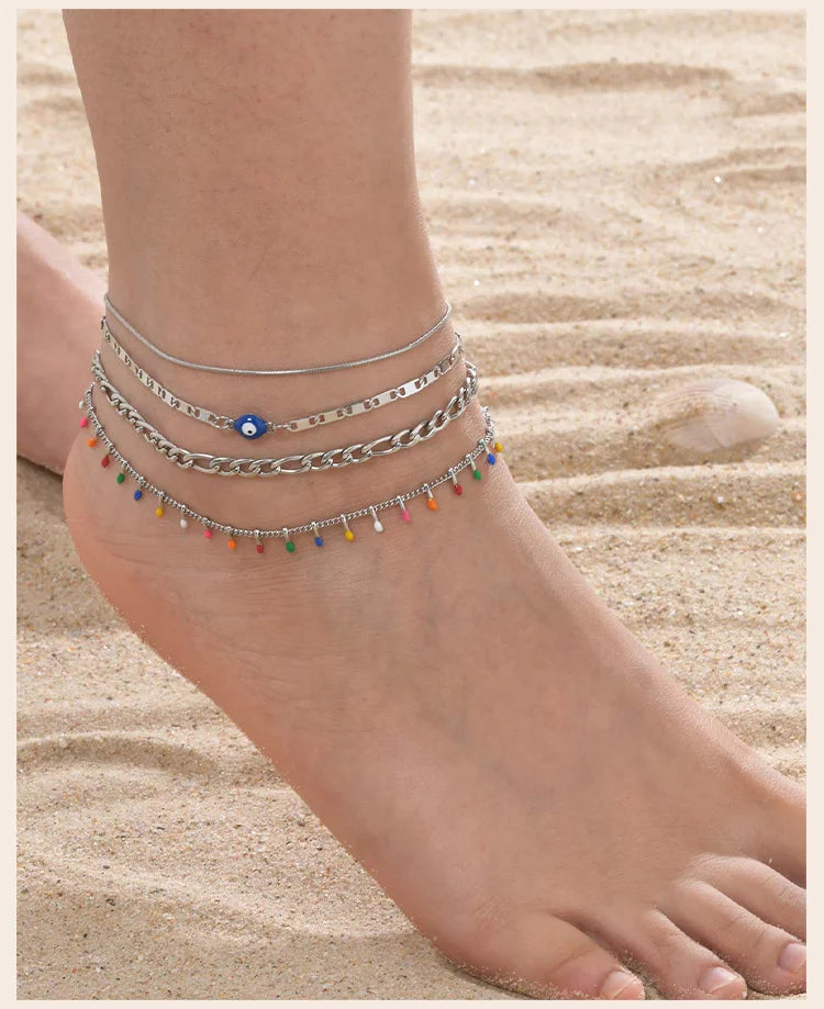Silver Color Anklet Bracelets for Women Waterproof, Stainless Steel Layered Cuban Chain Herringbone Anklets Summer Beach Gift