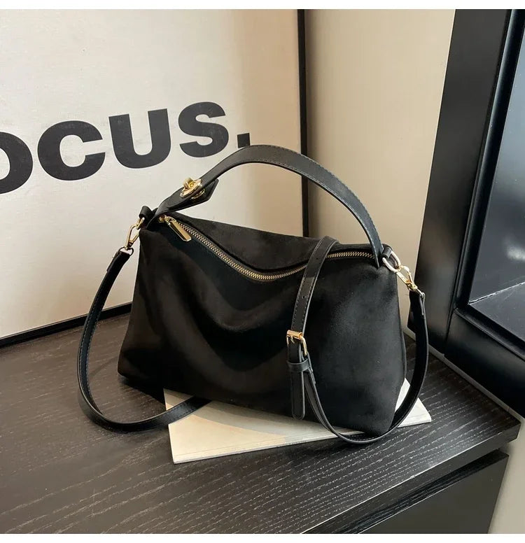 New Solid Color PU Zipper Women's Bag Suede Large Capacity Women's Shoulder Bag Fashion Versatile Casual Dual Purpose Handbag