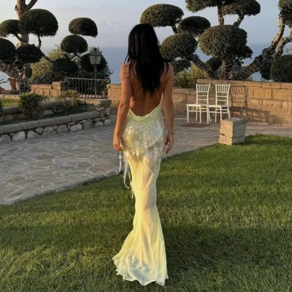Yellow Sequins Maxi Beach Dress Women Sexy Backless Slim Party Fishtail Dresses Summer Mesh Patchwork Sheer Holiday Dress 2024