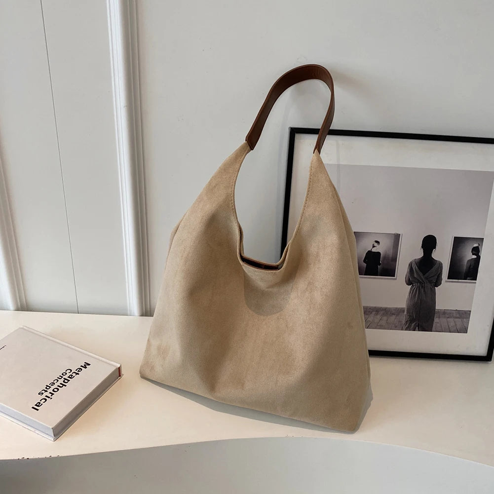 Women Suede Shoulder Bag Retro Single Shoulder Bag Large Capacity Trendy Work Hobo Solid Color Vintage Hobo Bag Top Handle Bag