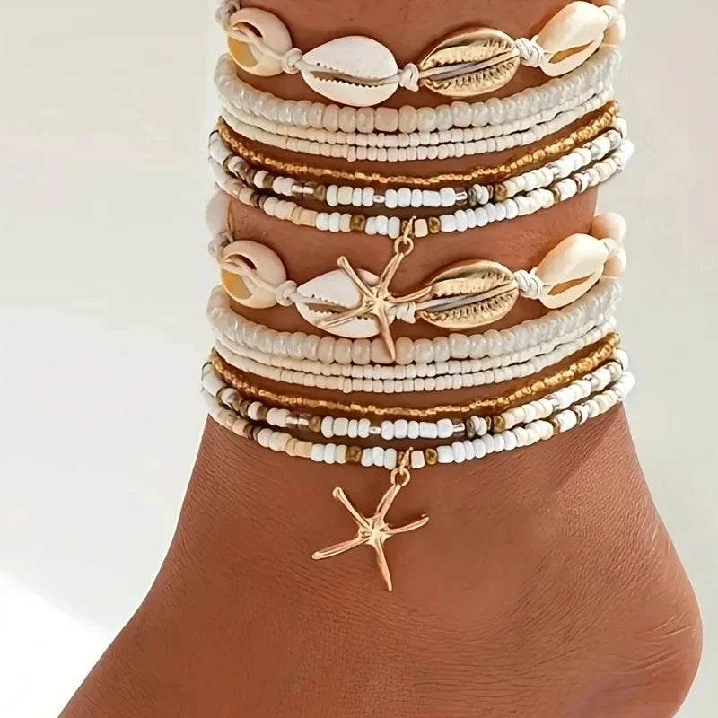 14Pcs/Set Bohemian Rice Beads Starfish Shell Anklet Sets for Women Retro Gold Color Multilayer Foot Chain Vacation Jewelry Gifts