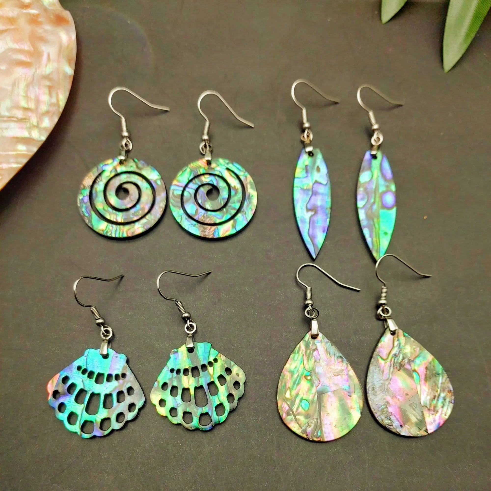 Natural Paua Shell Hand Carving Double Side Dangle Earrings Hawaiian Design Abalone Jewelry