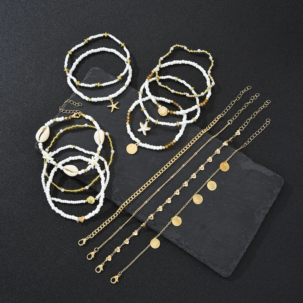 14Pcs/Set Bohemian Rice Beads Starfish Shell Anklet Sets for Women Retro Gold Color Multilayer Foot Chain Vacation Jewelry Gifts