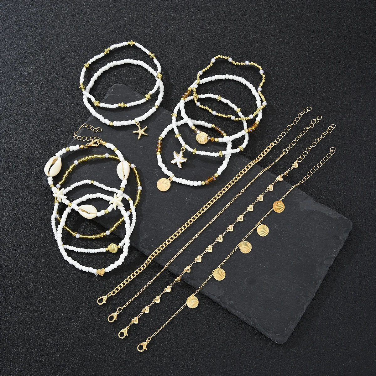 14Pcs/Set Bohemian Rice Beads Starfish Shell Anklet Sets for Women Retro Gold Color Multilayer Foot Chain Vacation Jewelry Gifts