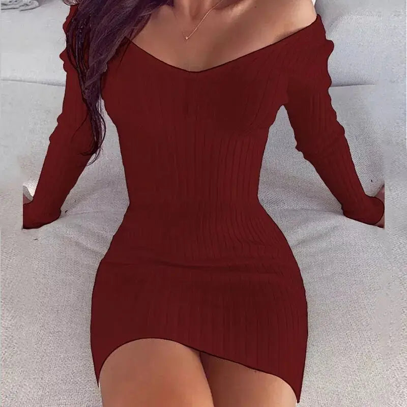 Sexy V-Neck Bodycon Dress - Long Sleeve Off Shoulder Mini Dress