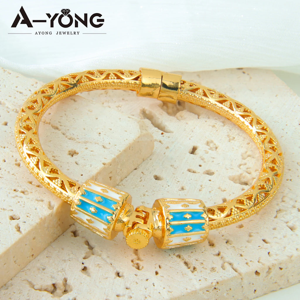 Ethiopia Classic Turquoise Bracelet 21k Gold Plated Dubai Charm Opening Bangles Oman Women Bridal Wedding Party Jewelry