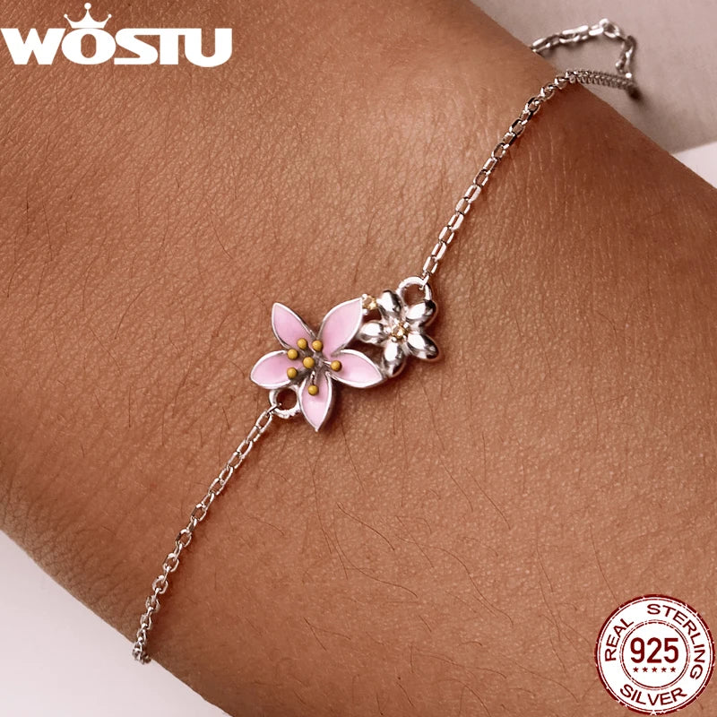 WOSTU 925 Sterling Silver Original Pink Sakura Bracelet Adjustable MINI Bracelet Chain Link Fit MINI Pendant Fashion Jewelry