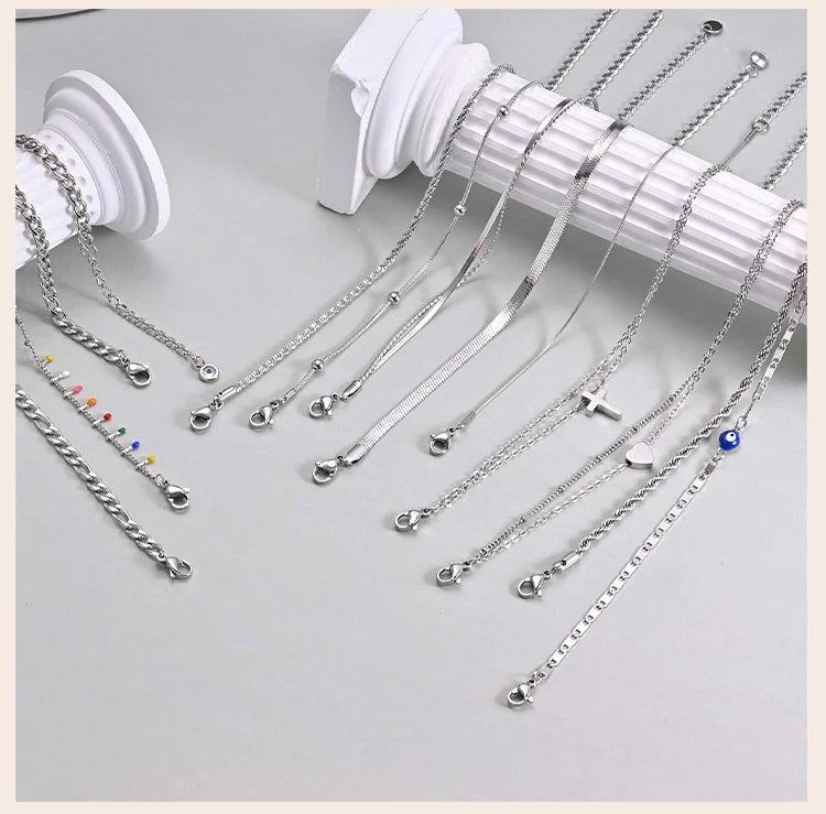 Silver Color Anklet Bracelets for Women Waterproof, Stainless Steel Layered Cuban Chain Herringbone Anklets Summer Beach Gift