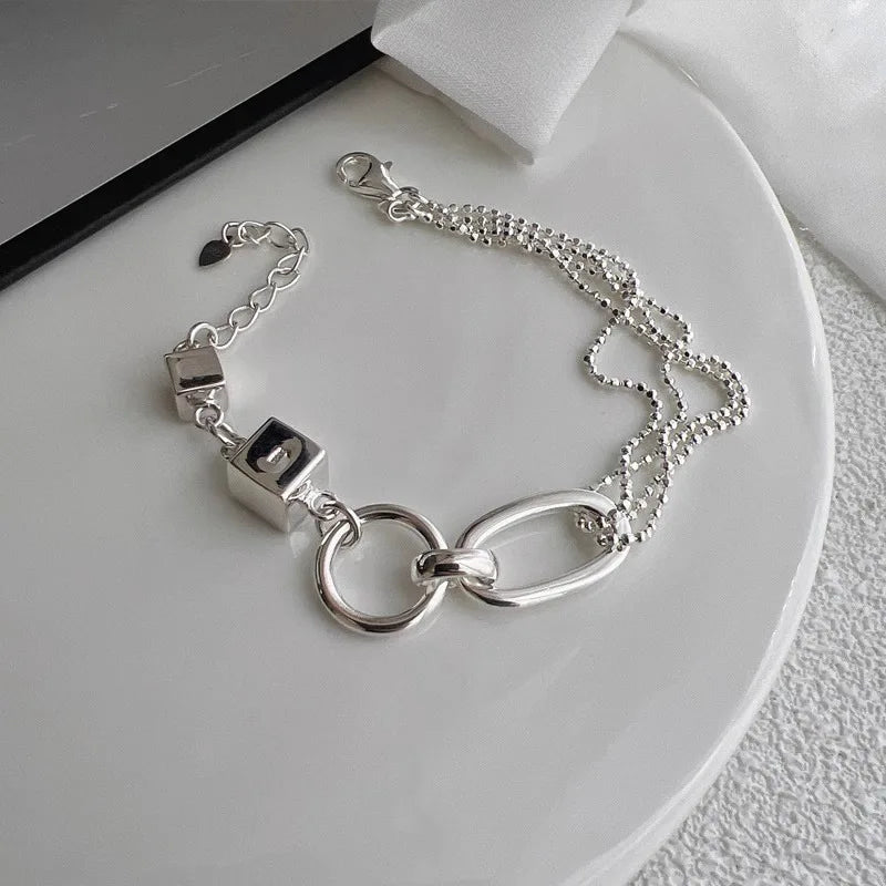 925 Sterling Silver Bracelet Geometric Cube Circle Punk Asymmetric Beaded For Woman Girl Fashion Jewelry Gift Dropship Wholesale