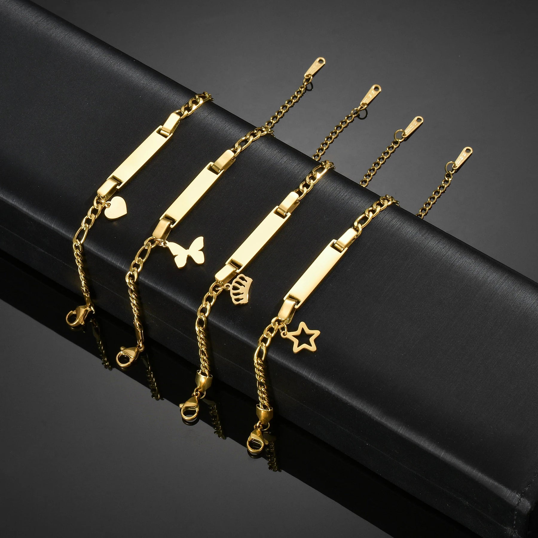 Akizoom Punk Newborn Baby Bracelets Hip Pop Gold Color Stainless Steel Figaro Chain Blank Bar Kids Bangle  Jewelry Birthday Gift