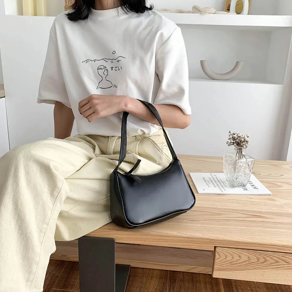 New Retro Soft PU Leather Women Shoulder Underarm Bags Casual Solid Color Small Top-Handle Handbags Ladies Fashion Shoulder Bags