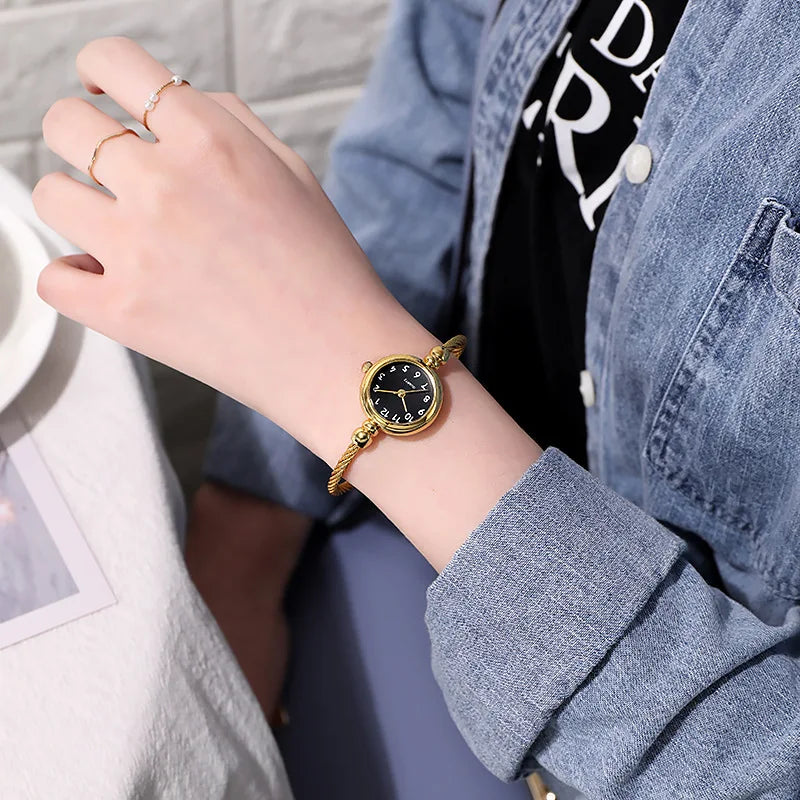 Small Gold Bangle Bracelet Watch - Retro Ladies Quartz Thin Chain