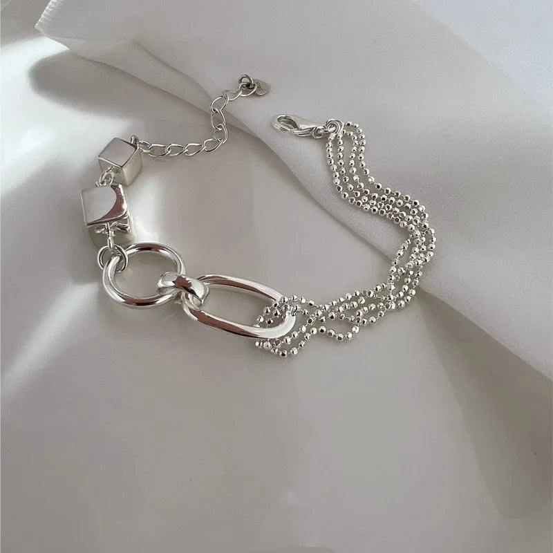 925 Sterling Silver Bracelet Geometric Cube Circle Punk Asymmetric Beaded For Woman Girl Fashion Jewelry Gift Dropship Wholesale