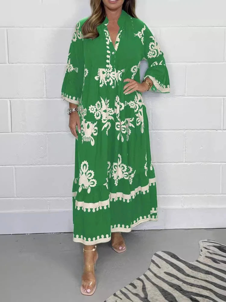 2024 Autumn Fashion New Women's Commuting Style Casual Printed Dress Loose Single Breasted Horn Sleeve Elegant Dress